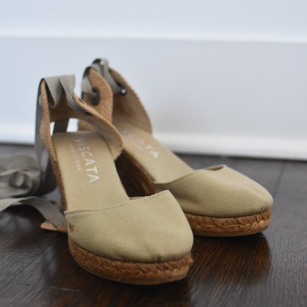 Viscata Beige Canvas Espadrille Wedge Sandals Lace Up Ankle Tie - Picture 3 of 5